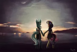 Size: 1500x1012 | Tagged: safe, artist:sunbusting, derpibooru import, bon bon, lyra heartstrings, sweetie drops, pony, semi-anthro, bipedal, female, holding hooves, lesbian, lyrabon, painting, scenery, shipping