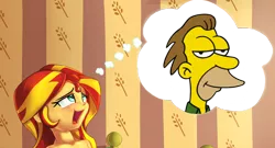 Size: 1280x689 | Tagged: suggestive, artist:oddciders, derpibooru import, edit, sunset shimmer, equestria girls, ahegao, crossover, dental plan, grin, lenny leonard, meme, smiling, solo, sweat, the simpsons, thinking, thought bubble