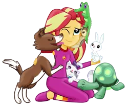 Size: 1023x862 | Tagged: safe, artist:majkashinoda626, derpibooru import, angel bunny, gummy, opalescence, owlowiscious, sunset shimmer, tank, winona, equestria girls, clothes, cute, hilarious in hindsight, pajamas, pet, shimmerbetes, simple background, slippers, transparent background