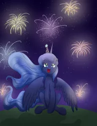 Size: 3500x4500 | Tagged: artist:bratzoid, derpibooru import, fireworks, hat, looking up, new years eve, party hat, princess luna, safe, sitting, smiling, solo, spread wings