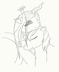 Size: 931x1135 | Tagged: artist:creamecream, derpibooru import, female, love, male, monochrome, neck nuzzle, nuzzling, queen chrysalis, safe, shining armor, shining chrysalis, shipping, smiling, straight, traditional art