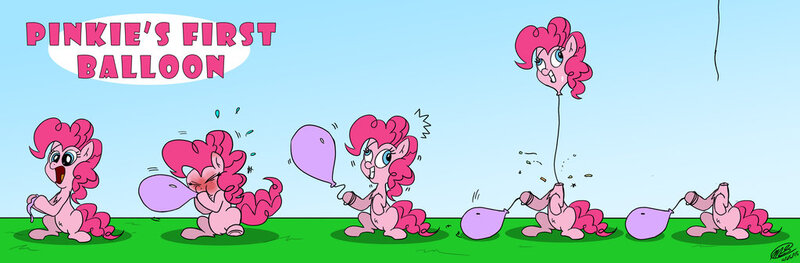 Size: 1024x336 | Tagged: safe, artist:loreto-arts, derpibooru import, pinkie pie, earth pony, pony, airhead, balloon, balloon head, blowing up balloons, derp, detachable head, disembodied head, female, headless, inflating, mare, modular, pinkie being pinkie, pinkie physics, solo, wat