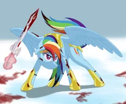 Size: 1920x1584 | Tagged: semi-grimdark, artist:nebulastar985, derpibooru import, rainbow dash, pegasus, pony, armor, blood, crying, female, mare, snow, solo, sword, weapon