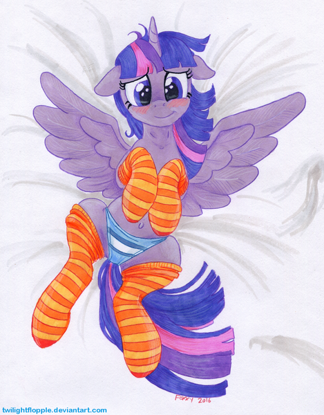 Size: 900x1151 | Tagged: safe, artist:foxxy-arts, derpibooru import, twilight sparkle, twilight sparkle (alicorn), alicorn, pony, belly button, blushing, body pillow, body pillow design, clothes, female, floppy ears, looking at you, mare, panties, socks, solo, striped socks, striped underwear, traditional art, underwear