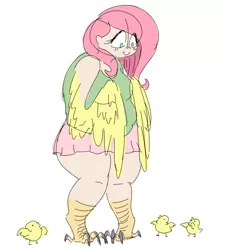 Size: 1280x1417 | Tagged: artist:nobody, chick, chicken, clothes, derpibooru import, fat, fluttershy, harpy, human, humanized, safe, sketch, solo, species swap, sweater, sweatershy