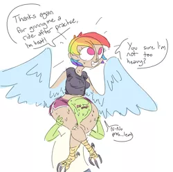 Size: 1280x1275 | Tagged: artist:nobody, bandage, derpibooru import, dialogue, female, harpy, harpydash, human, oc, oc:anon, piggyback ride, rainbow dash, sketch, species swap, struggling, suggestive, sweat, wide hips