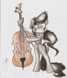 Size: 1700x1979 | Tagged: safe, artist:smoking-mist, derpibooru import, octavia melody, pony, bipedal, cello, creepy grin, musical instrument, solo, traditional art