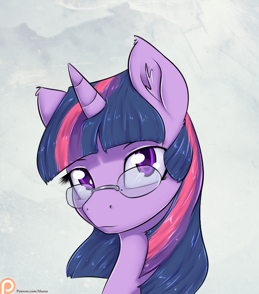 Size: 750x850 | Tagged: artist:alasou, bust, derpibooru import, glasses, looking at you, part of a set, patreon, patreon logo, portrait, safe, solo, twilight sparkle