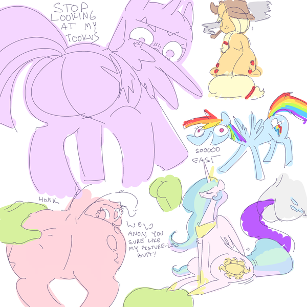 Size: 1280x1280 | Tagged: questionable, artist:nobody, derpibooru import, applejack, pinkie pie, princess celestia, rainbow dash, rarity, twilight sparkle, twilight sparkle (alicorn), oc, oc:anon, alicorn, human, pony, annoyed, butt grab, dialogue, featureless crotch, female, funny, grope, hand on butt, mare, pipe, plot, sitting, sketch, sketch dump, smoking, twibutt