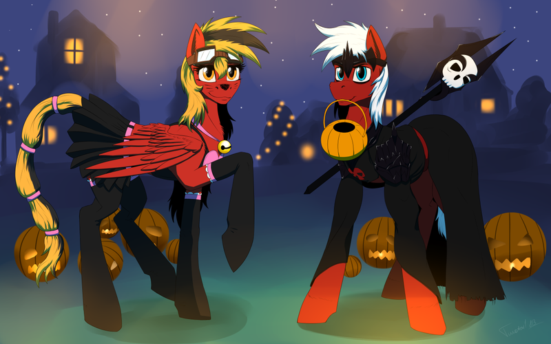 Size: 1280x800 | Tagged: safe, artist:twotail813, derpibooru import, oc, oc:gear, oc:twotail, unofficial characters only, pegasus, pony, brother and sister, clothes, female, goggles, halloween, male, mouth hold, raised hoof, rcf community, skirt, stockings, tail wrap