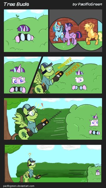 Size: 671x1192 | Tagged: safe, artist:pacificgreen, derpibooru import, applejack, douglas spruce, evergreen, rainbow dash, starlight glimmer, twilight sparkle, twilight sparkle (alicorn), alicorn, pony, comic:tree buds, what about discord?, binoculars, bush, eyes closed, female, goggles, hat, hedge, mare, starlight stalker, tree, trimmer