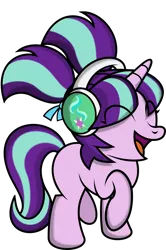 Size: 1140x1719 | Tagged: safe, artist:ideltavelocity, derpibooru import, starlight glimmer, pony, unicorn, cute, eyes closed, female, filly, filly starlight glimmer, glimmerbetes, happy, headphones, open mouth, pigtails, raised hoof, raised leg, simple background, smiling, solo, transparent background, younger