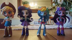 Size: 1280x720 | Tagged: safe, derpibooru import, applejack, rainbow dash, rarity, twilight sparkle, equestria girls, clothes, doll, equestria girls minis, irl, photo, skirt, toy