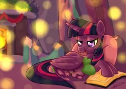 Size: 3507x2480 | Tagged: safe, artist:styber, derpibooru import, spike, twilight sparkle, twilight sparkle (alicorn), alicorn, dragon, pony, book, chimney, cozy, crystal castle, cute, digital art, female, fire, fireplace, folded wings, hearth's warming eve, hug, lights, male, mama twilight, mare, pillow, ribbon, spikabetes, spikelove, twiabetes, twilight's castle, winghug, wings