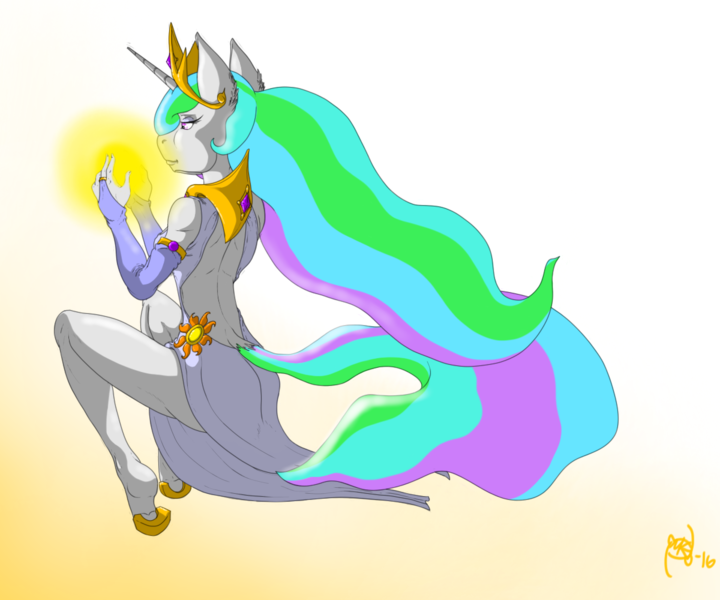 Size: 1200x1000 | Tagged: alicorn, anthro, artist:epicpaladin, clothes, derpibooru import, dress, from behind, magic, princess celestia, safe, solo, wingless, wingless anthro