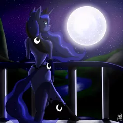 Size: 900x900 | Tagged: alicorn, anthro, artist:epicpaladin, balcony, clothes, cutie mark on clothes, derpibooru import, dress, female, from behind, full moon, looking back, moon, night, princess luna, safe, solo, wingless, wingless anthro