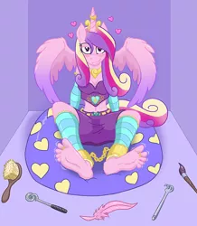 Size: 820x942 | Tagged: ankle cuffs, anthro, artist:caroo, barefoot, belly button, blushing, bondage, bondage cuffs, bondage gear, brush, cuffs, derpibooru import, feather, feet, female, foot fetish, hairbrush, heart, horn ring, imminent tickles, magic suppression, midriff, plantigrade anthro, princess cadance, scratcher, shivering, smiling, soles, solo, solo female, suggestive, teasing, toe ring, toes, wartenberg wheel