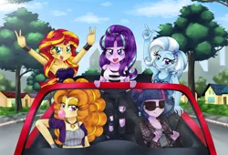 Size: 1760x1200 | Tagged: safe, artist:lucy-tan, derpibooru import, adagio dazzle, sci-twi, starlight glimmer, sunset shimmer, trixie, twilight sparkle, equestria girls, armpits, belly button, bubblegum, car, cleavage, clothes, female, food, jeans, midriff, pants, ripped jeans, sunglasses, tanktop, twilight's counterparts, wink