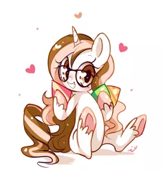 Size: 1000x1056 | Tagged: safe, artist:ipun, derpibooru import, oc, oc:muffin, unofficial characters only, pony, unicorn, blushing, female, glasses, heart, heart eyes, mare, simple background, smiling, solo, white background, wingding eyes