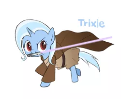 Size: 1024x835 | Tagged: safe, artist:bronyraimu, derpibooru import, trixie, pony, unicorn, clothes, crossover, female, jedi, lightsaber, mare, mouth hold, solo, star wars, weapon