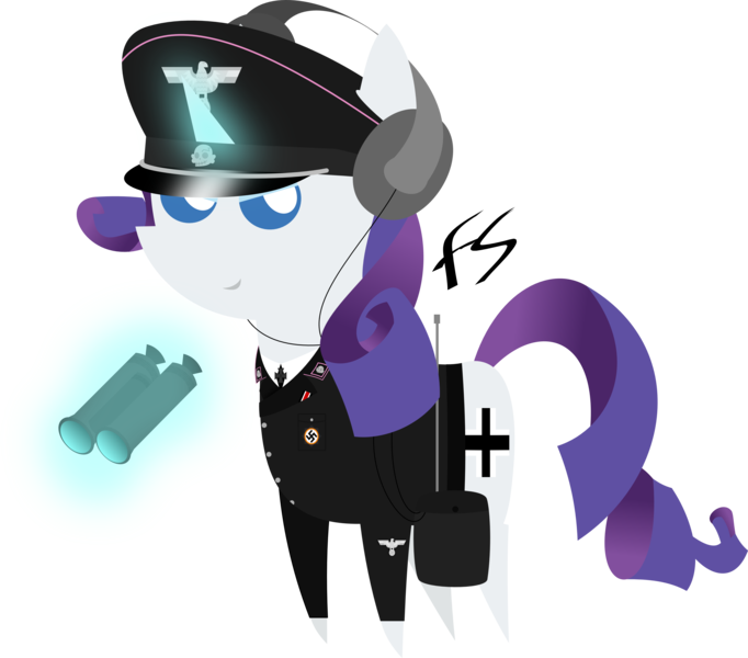 Size: 4400x3870 | Tagged: artist:facelesssoles, binoculars, clothes, derpibooru import, hat, headphones, magic, nazi, pointy ponies, radio, rarinazi, rarity, safe, solo, uniform