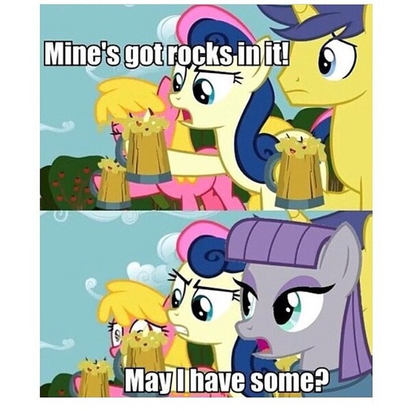 Size: 640x640 | Tagged: safe, derpibooru import, edit, edited screencap, screencap, bon bon, cherry berry, comet tail, maud pie, sweetie drops, earth pony, pony, unicorn, alcohol, background pony, caption, cider, female, food, image macro, impact font, male, mare, maud being maud, meme, mine's got rocks in it, stallion