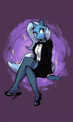 Size: 480x800 | Tagged: anthro, artist:carolmelody, artist:herny, clothes, derpibooru import, edit, high heels, plantigrade anthro, safe, skirt, skirt suit, solo, stockings, suit, trixie