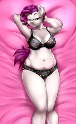 Size: 554x900 | Tagged: adorasexy, anthro, anthro oc, armpits, artist:pia-sama, bedroom eyes, big breasts, black bra, black panties, black underwear, bra, breasts, chubby, clothes, cute, derpibooru import, female, laying on bed, oc, on back, panties, plump, polka dot underwear, sexy, solo, solo female, suggestive, underwear, unofficial characters only