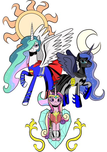 Size: 1240x1754 | Tagged: artist:jakrat-rosemberd, batluna, batman, crossover, cutie mark, derpibooru import, princess cadance, princess celestia, princess luna, safe, supelestia, superman, wonder woman