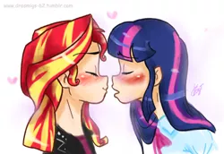 Size: 1115x765 | Tagged: safe, artist:vago-xd, derpibooru import, sunset shimmer, twilight sparkle, equestria girls, blushing, eyes closed, female, heart, humanized, imminent kissing, lesbian, shipping, sunsetsparkle