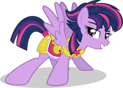 Size: 3500x2509 | Tagged: safe, artist:xebck, derpibooru import, twilight sparkle, pegasus, pony, alternate gender counterpart, alternate hairstyle, alternate universe, armor, female, looking at you, mare, pegasus twilight sparkle, punklight sparkle, race swap, role reversal, simple background, solo, spread wings, transparent background, vector, wings