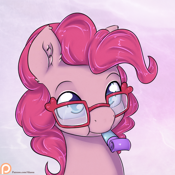 Size: 1050x1050 | Tagged: adorkable, artist:alasou, bust, cute, derpibooru import, diapinkes, dork, glasses, mouth hold, part of a set, party horn, patreon, patreon logo, pinkie pie, safe, solo