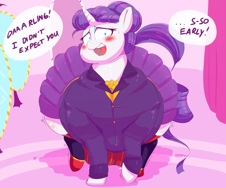 Size: 1200x1000 | Tagged: artist:sirmasterdufel, blushing, bra, clothes, crotchboobs, crotchbra, derpibooru import, dialogue, fat, female, hair bun, impossibly large crotchboobs, nervous, nudity, obese, questionable, raritubby, rarity, solo, solo female, sweat, underwear, wide hips