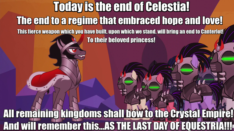 Size: 1280x720 | Tagged: safe, derpibooru import, edit, edited screencap, screencap, king sombra, crystal pony, pony, the cutie re-mark, alternate timeline, caption, crystal empire, crystal war timeline, general hux, image macro, implied princess celestia, meme, mind control, sombra soldier, speech, spoilers for another series, star wars, star wars: the force awakens