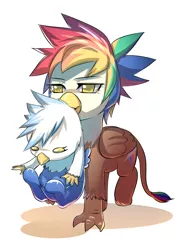 Size: 990x1400 | Tagged: safe, artist:bakki, derpibooru import, oc, oc:gren, oc:rainbow feather, unofficial characters only, classical hippogriff, gryphon, hippogriff, baby, brother and sister, carrying, cute, female, interspecies offspring, magical lesbian spawn, male, next generation, offspring, parent:gilda, parent:rainbow dash, parents:gildash, siblings