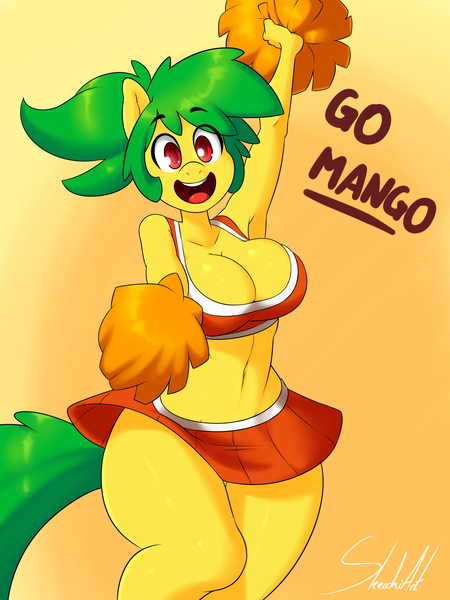 Size: 1200x1600 | Tagged: adorasexy, anthro, anthro oc, armpits, artist:skecchiart, big breasts, breasts, cheerleader, cute, derpibooru import, female, happy, mangoes, oc, oc:mango, pom pom, sexy, solo, solo female, suggestive, unofficial characters only