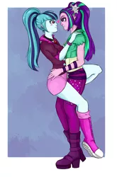 Size: 1126x1708 | Tagged: safe, artist:black-claudia, derpibooru import, aria blaze, sonata dusk, equestria girls, arisona, blushing, female, lesbian, shipping