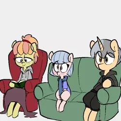 Size: 600x600 | Tagged: safe, artist:whydomenhavenipples, derpibooru import, edit, oc, oc:closed circuit, oc:prism flux, oc:sherbert, unofficial characters only, earth pony, pony, unicorn, northern excursion, book, chair, clothes, colored, couch, female, freckles, male, reading, scarf