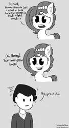 Size: 756x1400 | Tagged: safe, artist:midnight-wizard, derpibooru import, oc, oc:brownie bun, oc:richard, unofficial characters only, earth pony, human, pony, blatant lies, chest fluff, comic, descriptive noise, dialogue, ear fluff, female, gray background, grayscale, hubbo, human male, lies, male, mare, meme, monochrome, richard with hair, simple background, stealing, wig