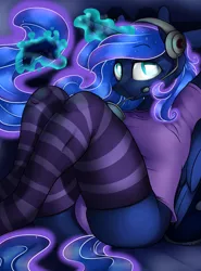 Size: 2000x2704 | Tagged: anthro, artist:baldmoose, clothes, controller, derpibooru import, drink, drinking, female, gamer luna, headset, panties, princess luna, socks, solo, solo female, striped socks, suggestive, underwear