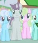 Size: 128x146 | Tagged: daisy, derpibooru import, dizzy twister, flower wishes, linky, looking at each other, lyra heartstrings, one bad apple, orange swirl, picture for breezies, ponies standing next to each other, safe, screencap, shoeshine, written script