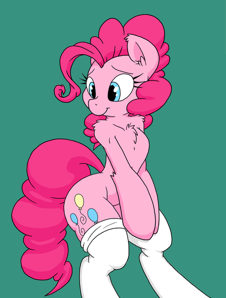 Size: 1419x1874 | Tagged: safe, artist:dfectivedvice, artist:jubileeglider, derpibooru import, pinkie pie, pony, bipedal, chest fluff, clothes, simple background, smiling, socks, solo, thigh highs