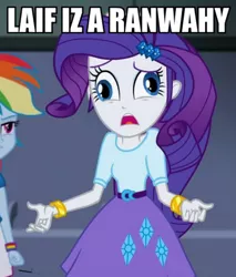 Size: 426x500 | Tagged: safe, derpibooru import, edit, edited screencap, screencap, rainbow dash, rarity, equestria girls, life is a runway, derp, didney worl, ermahgerd, faic, image macro, meme, rariderp, solo focus