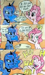 Size: 1718x2863 | Tagged: artist:darkest-lunar-flower, cake, comic, derp, derpibooru import, food, luna is not amused, pinkie pie, princess luna, pun, safe, this will end in tears and/or a journey to the moon, traditional art