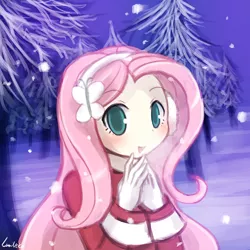 Size: 750x750 | Tagged: artist:lumineko, blushing, breath, clothes, cold, cute, derpibooru import, earmuffs, female, fluttershy, gloves, human, humanized, looking at you, lumineko is trying to murder us, open mouth, patreon, safe, shyabetes, snow, snowfall, solo, textless, winter
