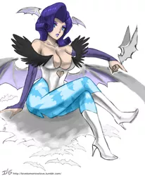 Size: 1000x1212 | Tagged: alternate color palette, artist:johnjoseco, breasts, busty rarity, cleavage, clothes, colored, color edit, colorist:lanceomikron, cosplay, costume, crossed legs, darkstalkers, derpibooru import, edit, female, high heel boots, high heels, human, human coloration, humanized, morrigan aensland, rarity, sketch, solo, solo female, suggestive