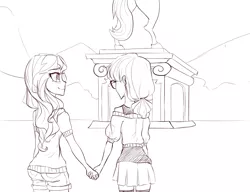 Size: 1300x1000 | Tagged: safe, artist:zorbitas, derpibooru import, sci-twi, sunset shimmer, twilight sparkle, fanfic:fractured sunlight, equestria girls, fanfic art, female, holding hands, lesbian, monochrome, portal, scitwishimmer, shipping, sunsetsparkle