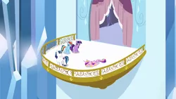 Size: 1280x720 | Tagged: balcony, crystal empire, crystal palace, derpibooru import, exhausted, lying down, passed out, princess cadance, rainbow dash, safe, screencap, shining armor, the crystal empire, tired, twilight sparkle