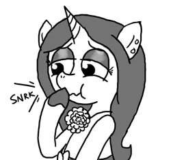 Size: 640x600 | Tagged: suggestive, artist:ficficponyfic, derpibooru import, oc, oc:joyride, unofficial characters only, pony, unicorn, colt quest, clothes, dress, eyeshadow, female, flower, mage, makeup, mare, pimp, snickering, stifling laughter, story included