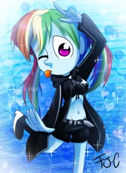 Size: 800x1100 | Tagged: safe, artist:fj-c, derpibooru import, rainbow dash, equestria girls, adorkable, anime, belly button, black rock shooter, clothes, cosplay, costume, cute, dork, loser, midriff, solo, tongue out